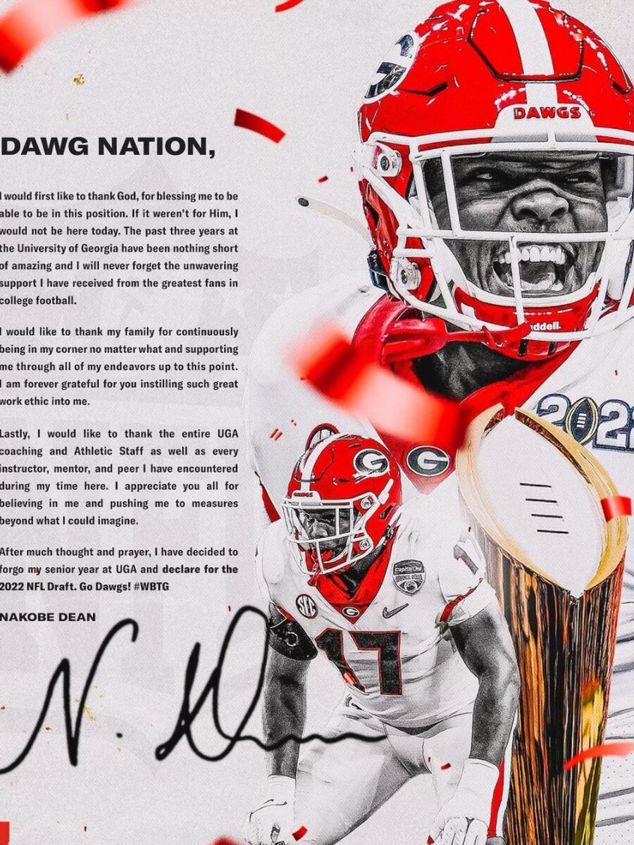 Georgia LB Nakobe Dean declared for the 2022 NFL Draft. Dean (6-0