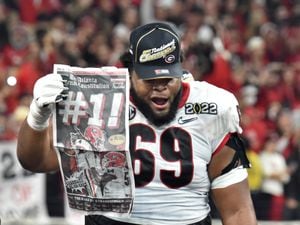 Indianapolis, United States. 10th Jan, 2022. Georgia Bulldogs offensive  lineman Jamaree Salyer (69) after winning the 2022 CFP college football  national championship game at Lucas Oil Stadium, Monday, Jan. 10, 2022, in