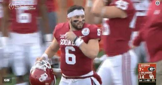 Oklahoma Sooners quarterback Baker Mayfield (6) catches for a touchdown  against the Georgia Bulldogs during the first half of the College Football  Playoff semifinal at the Rose Bowl in Pasadena, C …