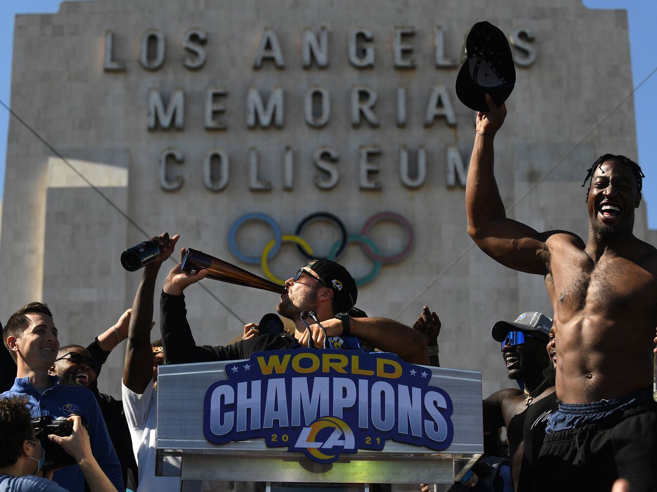 Moment Rams QB Matthew Stafford turns his back on photographer who fell of  rally stage