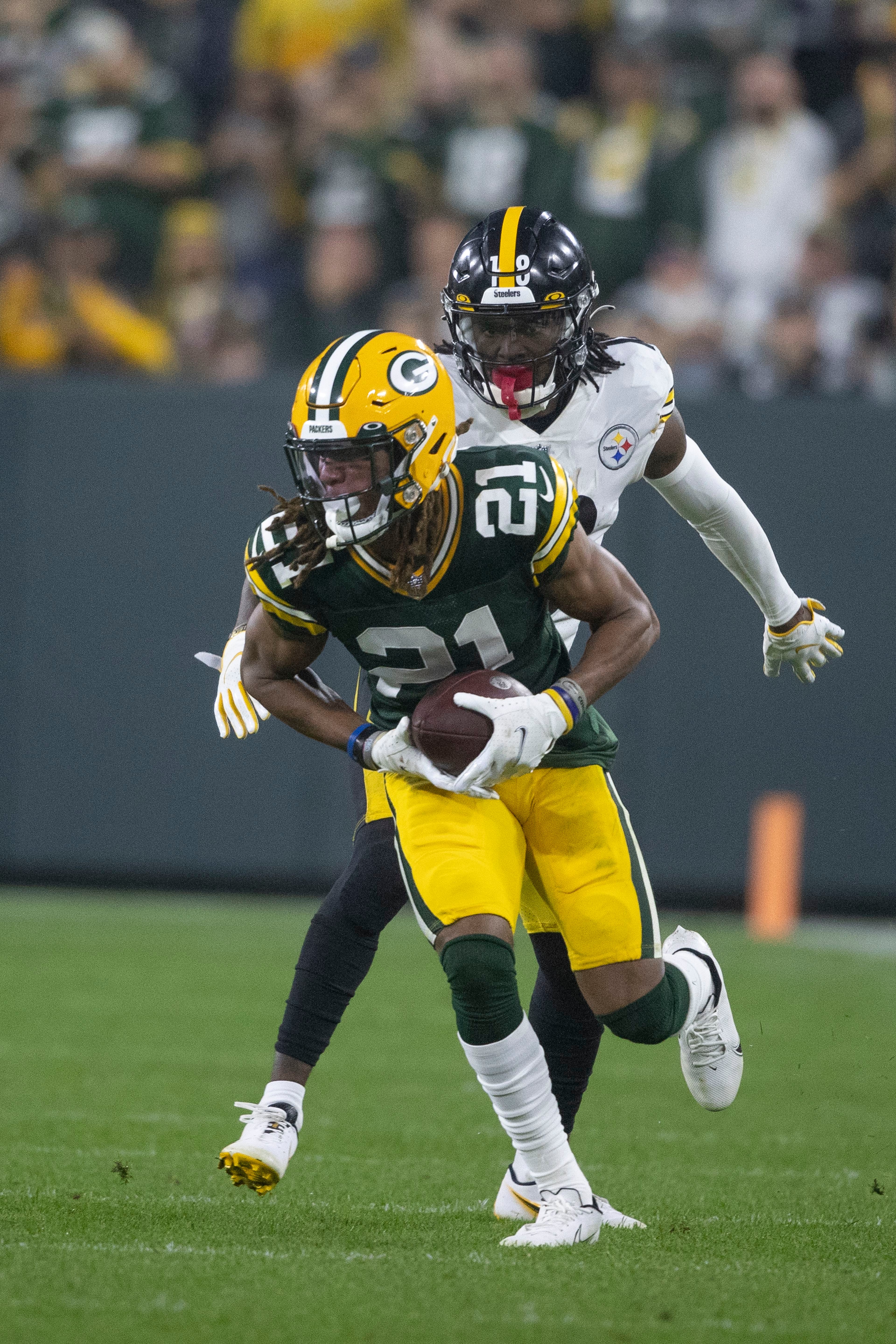 Green Bay Packers cornerback Eric Stokes (21) plays defense during