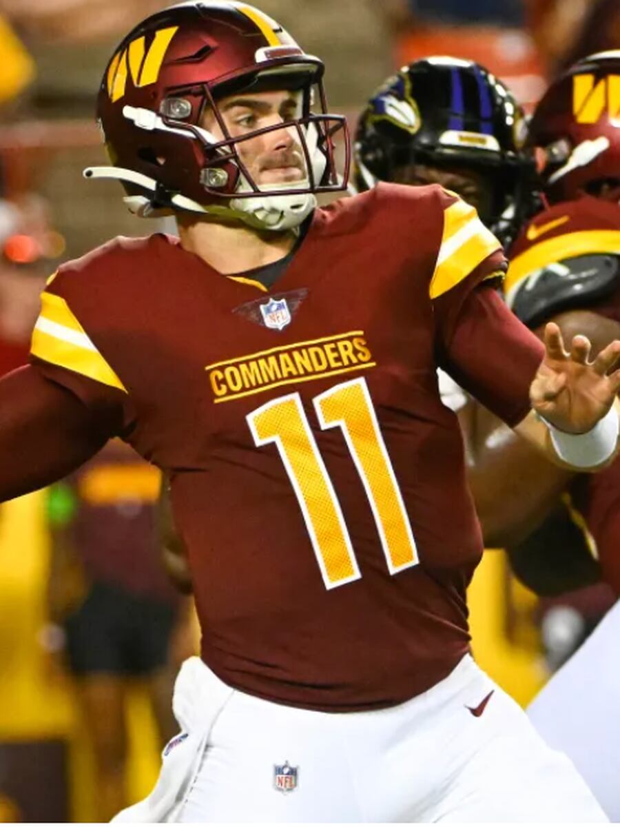 Washington Commanders quarterback Jake Fromm (11) looking down