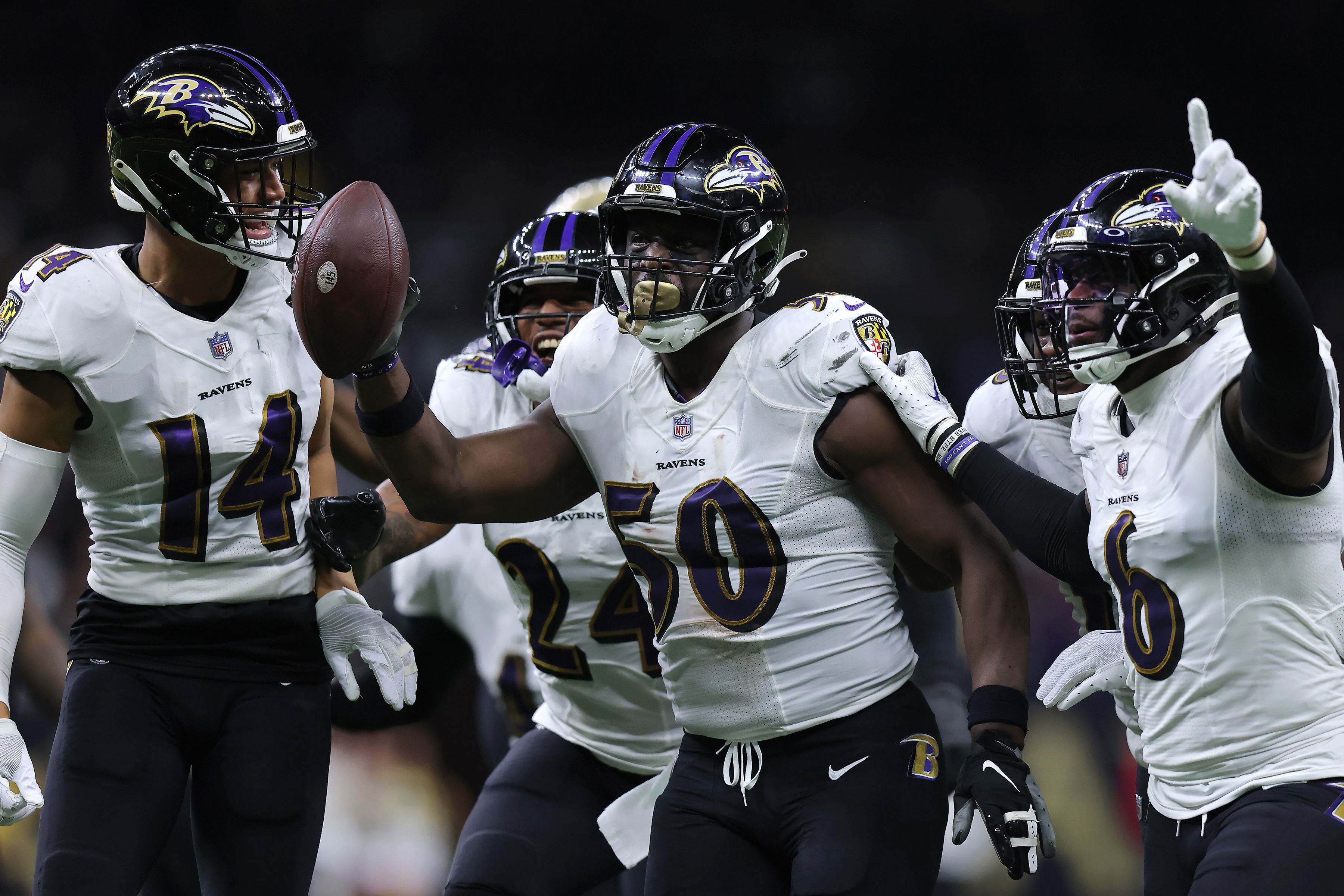 Baltimore Ravens outside linebacker Justin Houston (50) in action during  the fourth quarter of an NFL