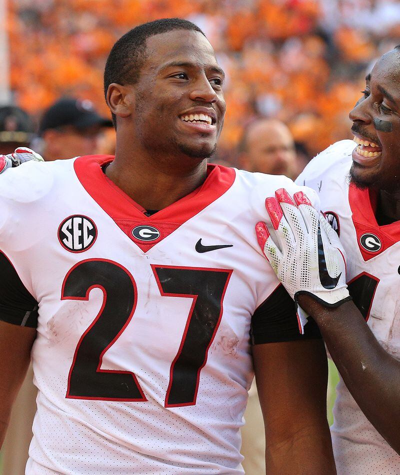 Sony Michel/Nick Chubb Autographed Georgia Bulldogs Side By Side Close Up  16x20 Photo- Beckett W *Black